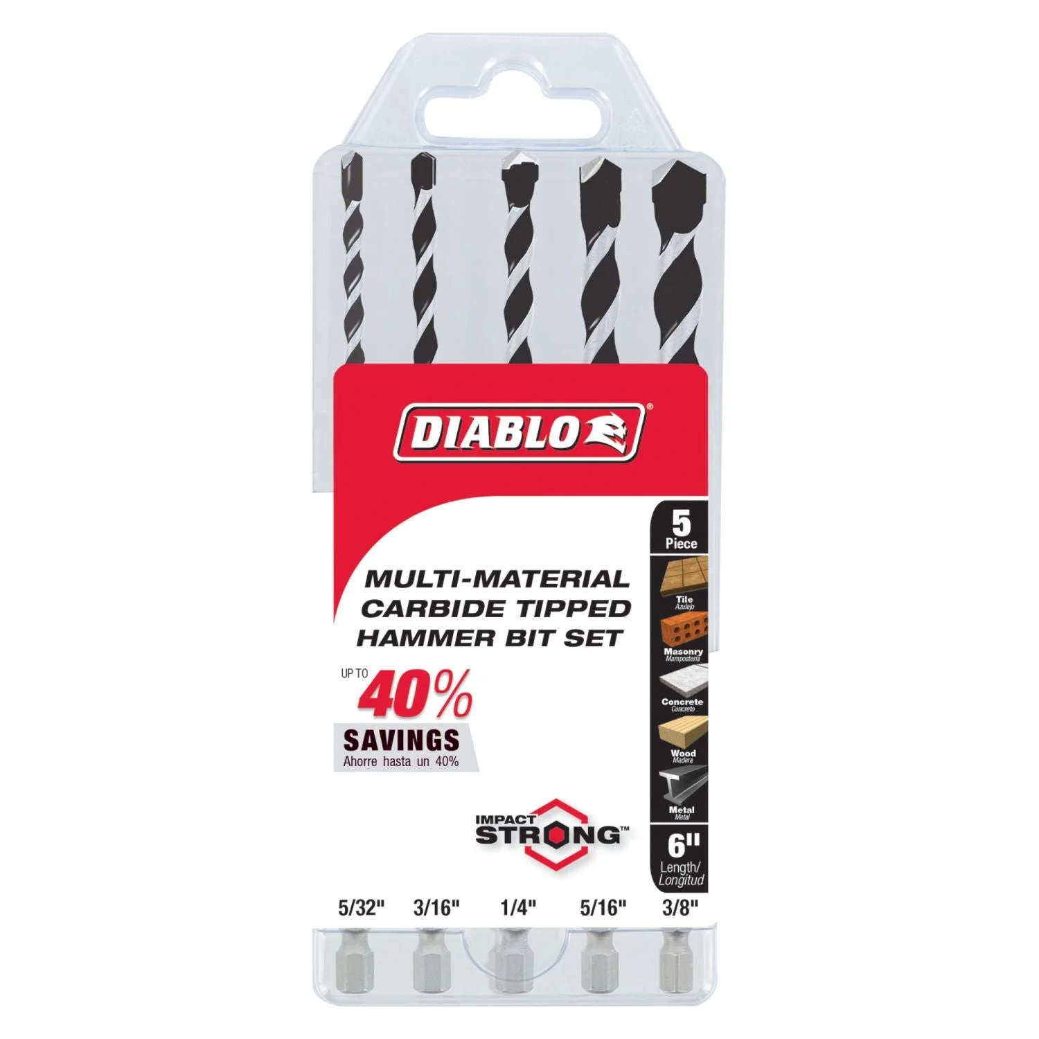 Diablo DMAMM1190-S5 5-Piece Multi-Material Carbide Tipped Hammer Drill Bit Set , 5-Piece