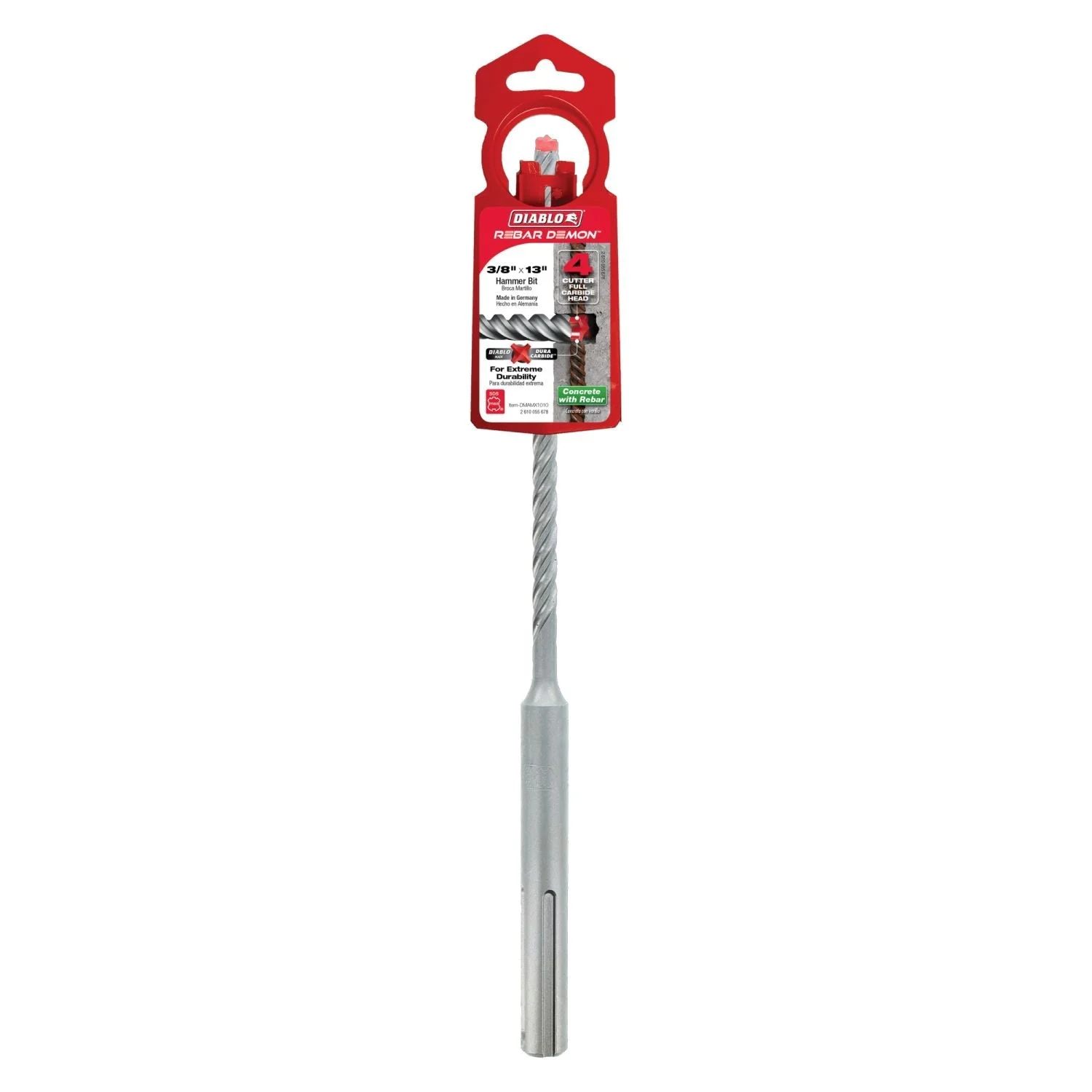 Diablo DMAMX1010 3/8 Inch x 8 Inch x 13 Inch Rebar Demon SDS-Max 4-Cutter Full Carbide Head Hammer Drill Bit