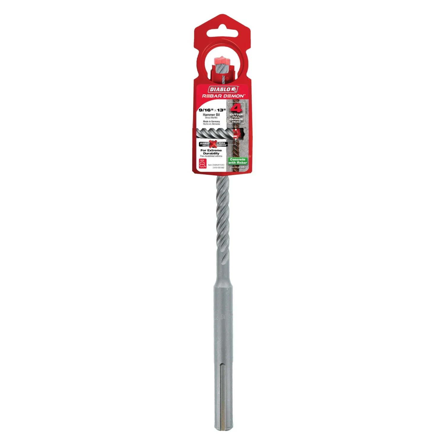Diablo DMAMX1050 9/16 Inch x 8 Inch x 13 Inch Rebar Demon SDS-Max 4-Cutter Full Carbide Head Hammer Drill Bit