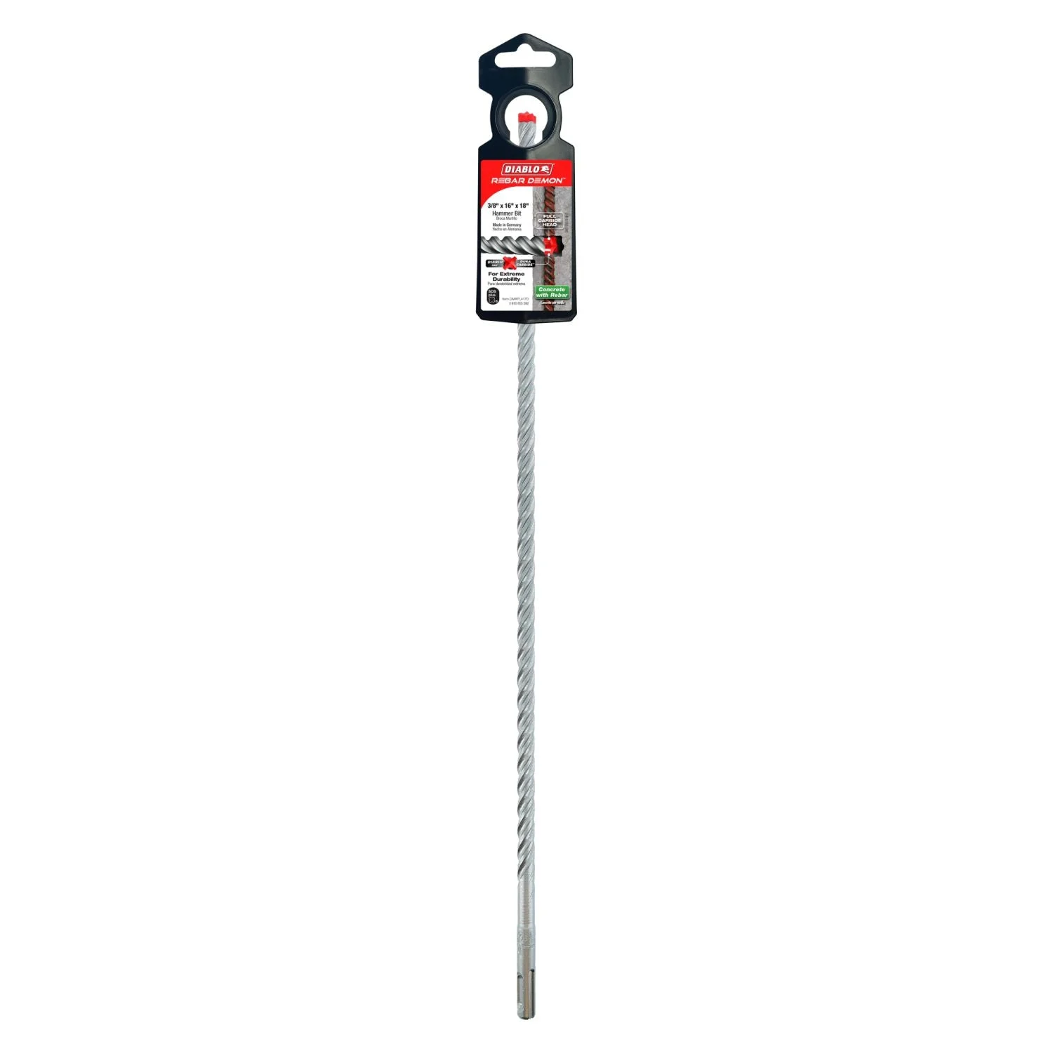 Diablo DMAPL4170 3/8 Inch x 16 Inch x 18 Inch Rebar Demon SDS-Plus 4-Cutter Full Carbide Head Hammer Drill Bit