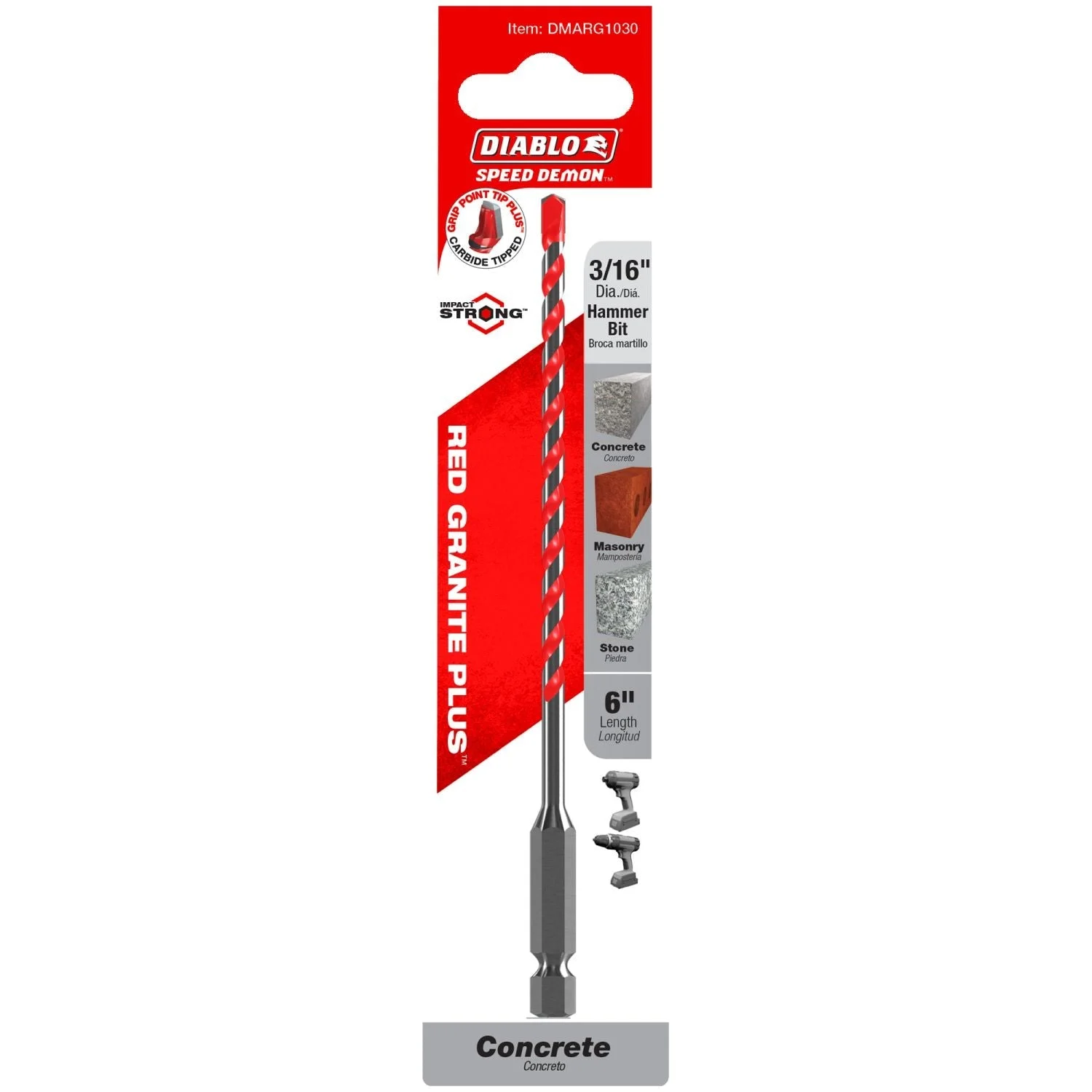 Diablo DMARG1030 3/16 Inch x 4 Inch x 6 Inch SPEEDemon Red Granite Carbide Tipped Hammer Drill Bit