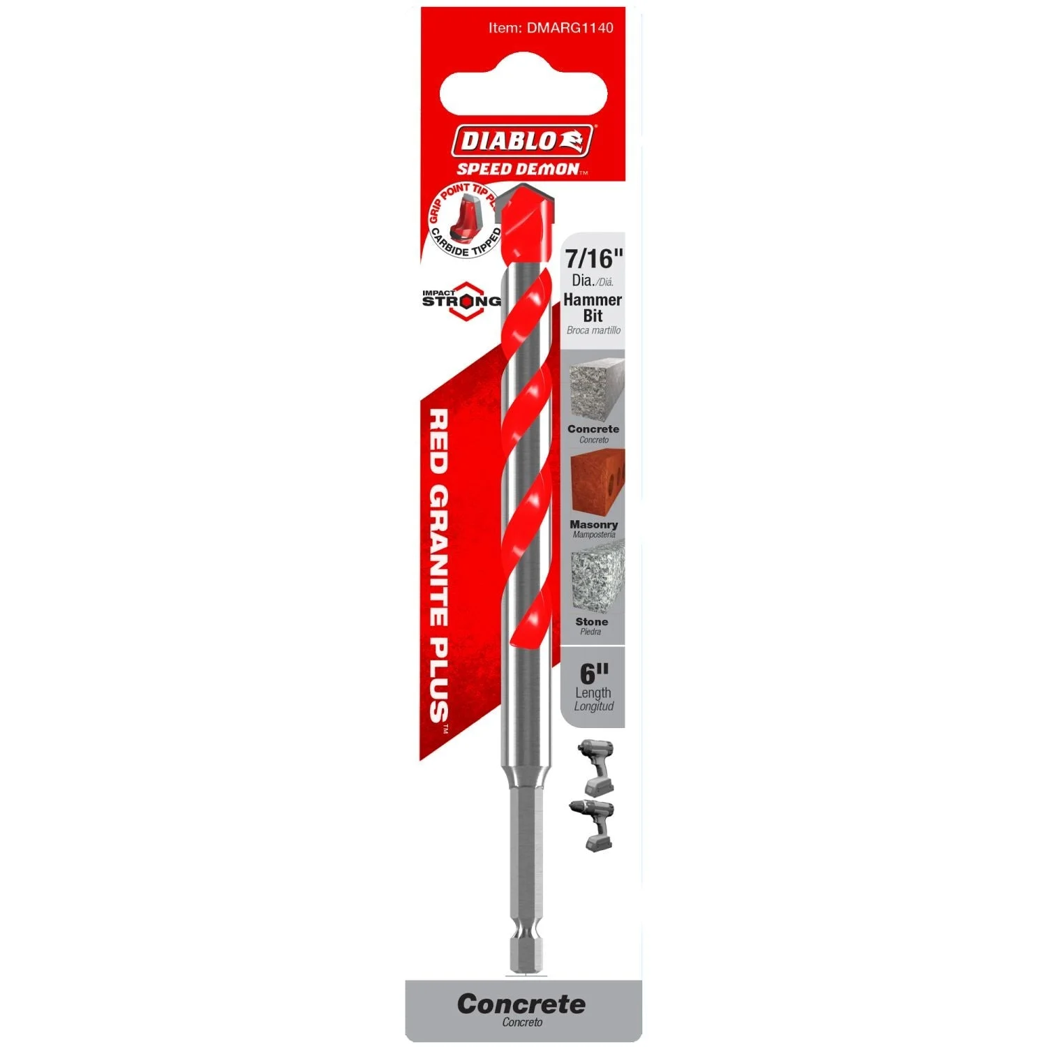 Diablo DMARG1140 7/16 Inch x 4 Inch x 6 Inch SPEEDemon Red Granite Carbide Tipped Hammer Drill Bit
