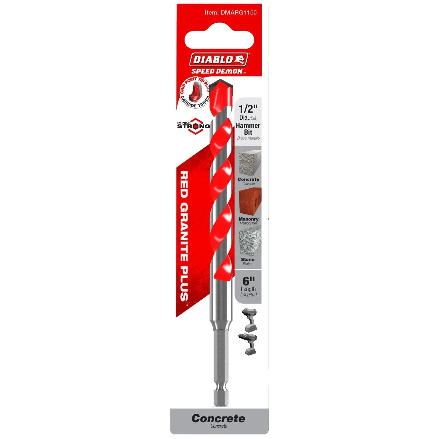 Diablo DMARG1150 1/2 Inch x 4 Inch x 6 Inch SPEEDemon Red Granite Carbide Tipped Hammer Drill Bit