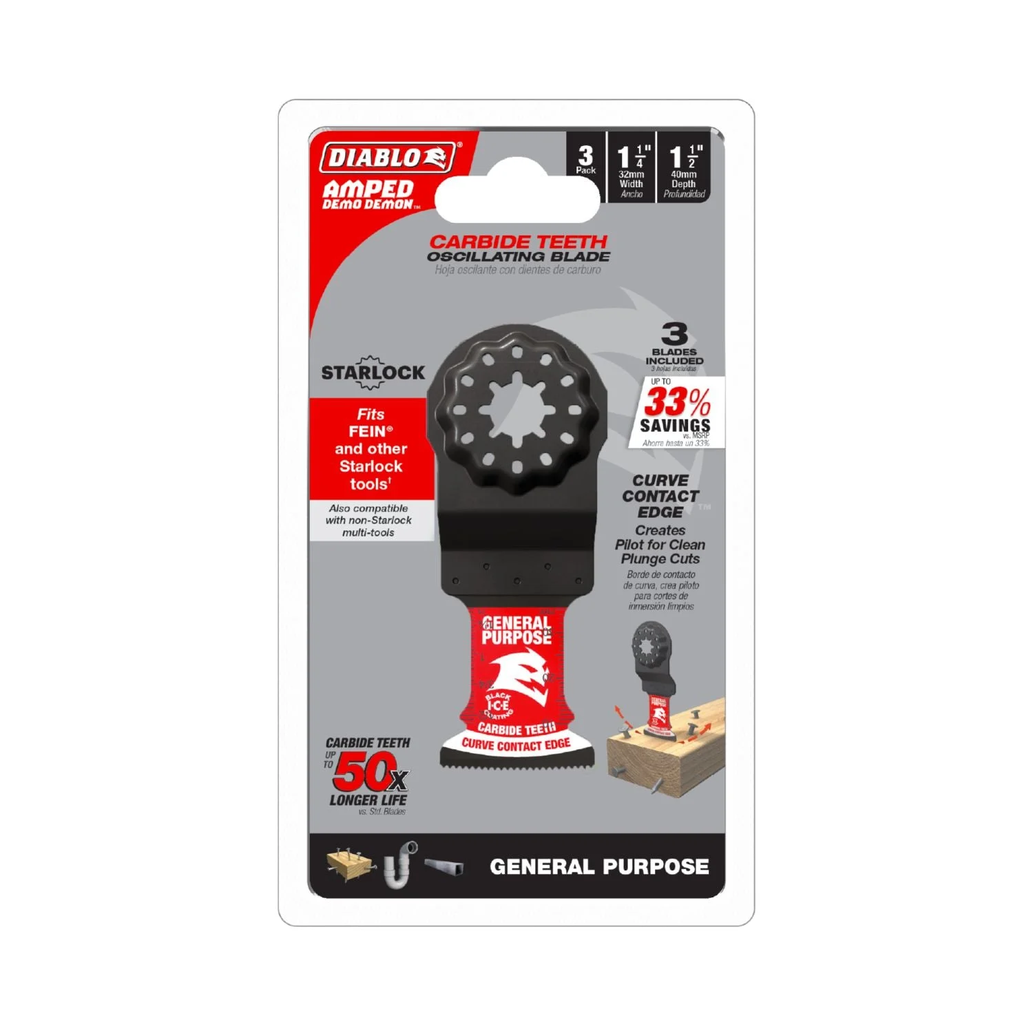 Diablo DOS125CGP3 1-1/4-Inch Starlock Carbide Oscillating Blades for General Purpose Cuts, 3-Pack