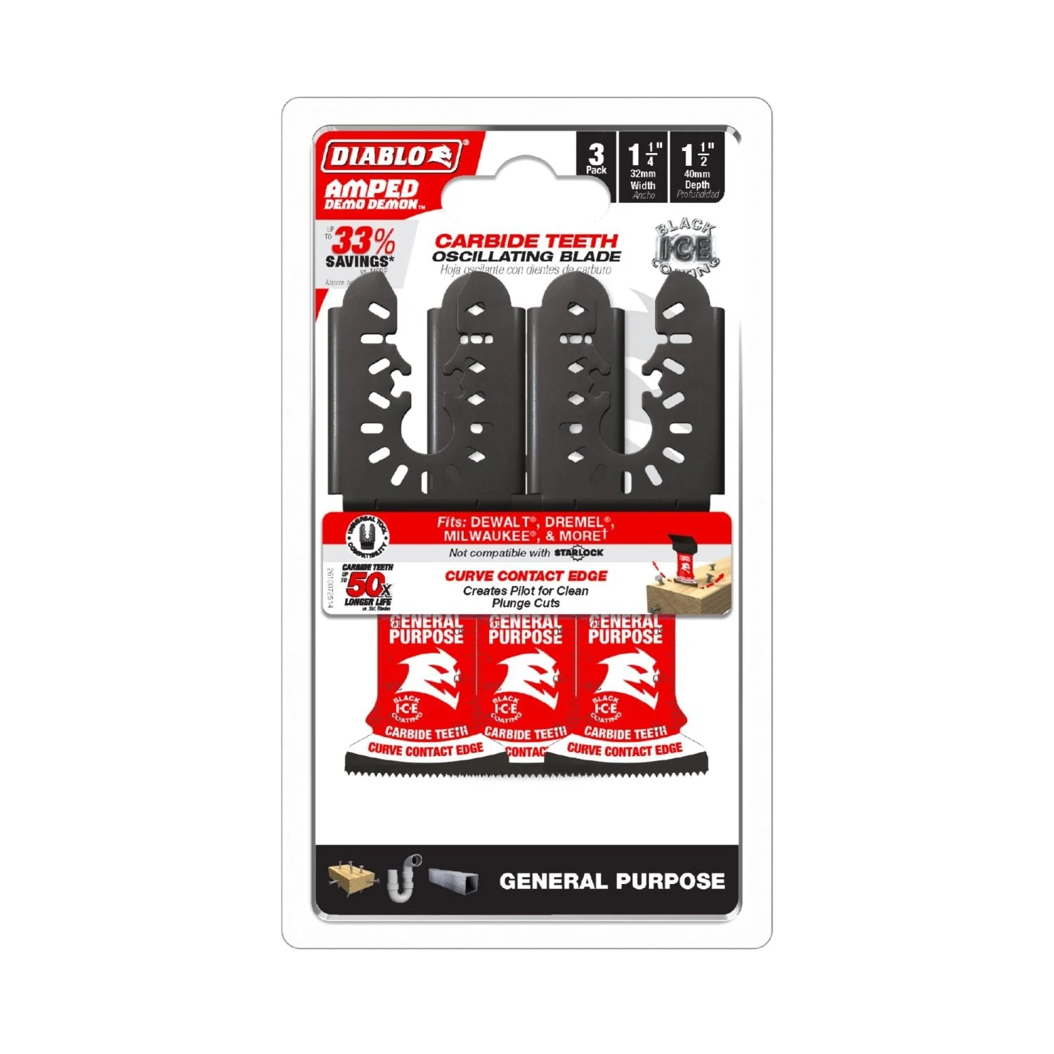 Diablo DOU125CGP3 1-1/4-Inch Universal Fit Carbide Oscillating Blades for General Purpose Cuts, 3-Pack