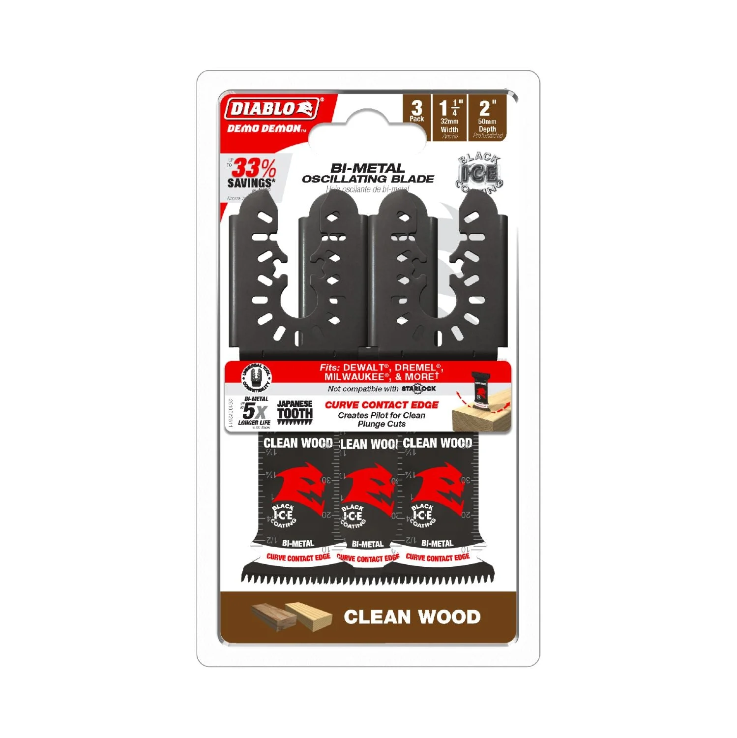 Diablo DOU125JBW3 1-1/4-Inch Universal Fit Bi-Metal Oscillating Blades for Clean Wood, 3-Pack