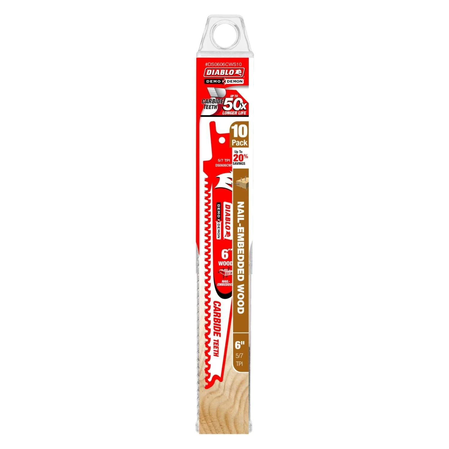 Diablo DS0606CWS10 6-Inch Demo Demon Carbide Recip Blade for Nail-Embedded Wood, 10-Pack