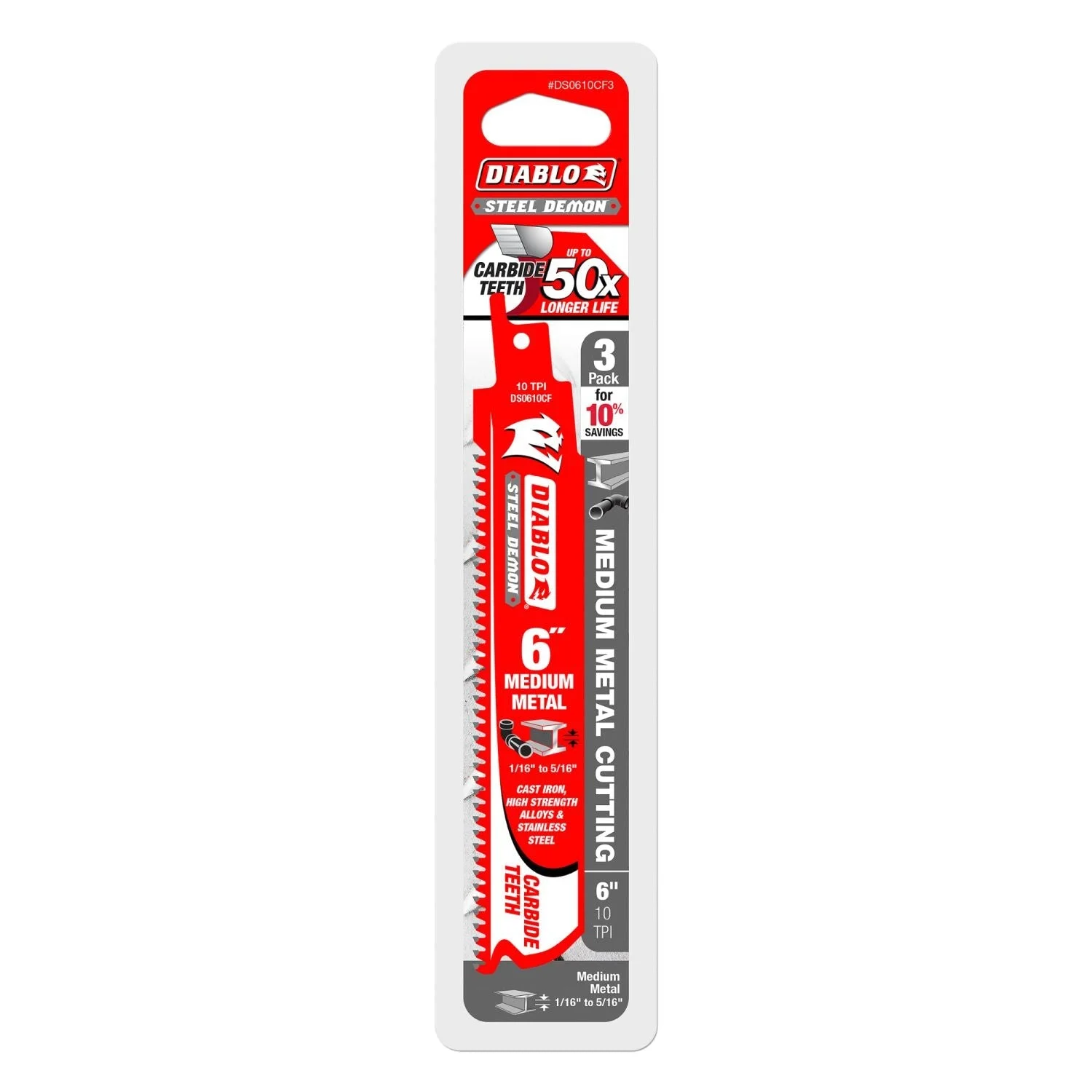 Diablo DS0610CF3 6-Inch Steel Demon Carbide Recip Blades for Medium Metal Cutting, 3-Pack