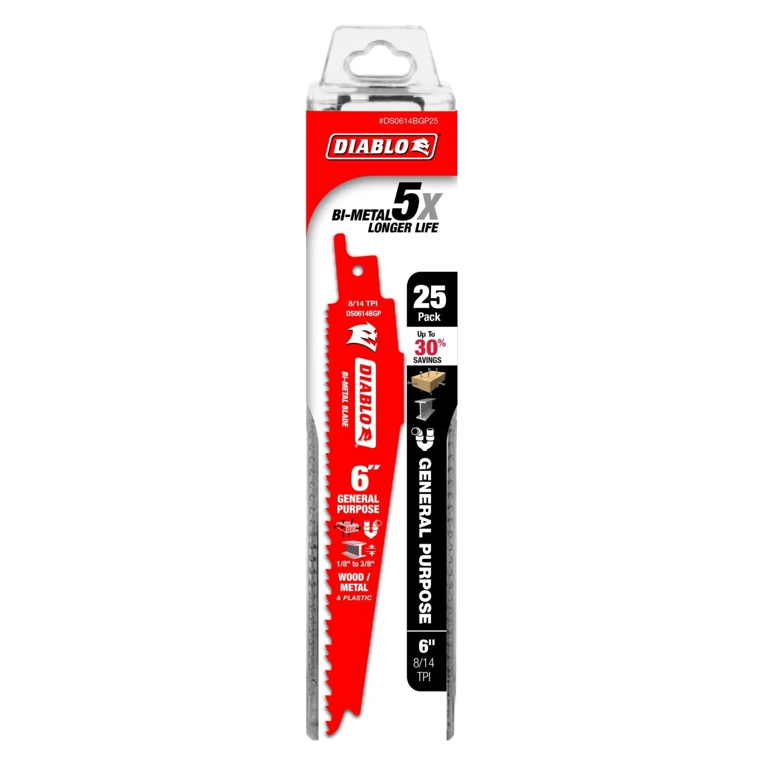 Diablo DS0614BGP25 6-Inch Bi-Metal Recip Blade for Nail-Embedded Wood, Metal, and Plastic, 25-Pack