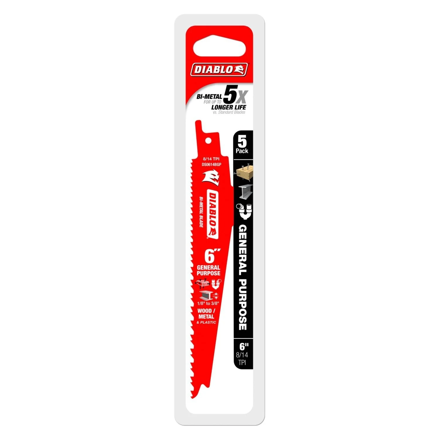 Diablo DS0614BGP5 6-Inch Bi-Metal Recip Blade for Nail-Embedded Wood, Metal, and Plastic, 5-Pack