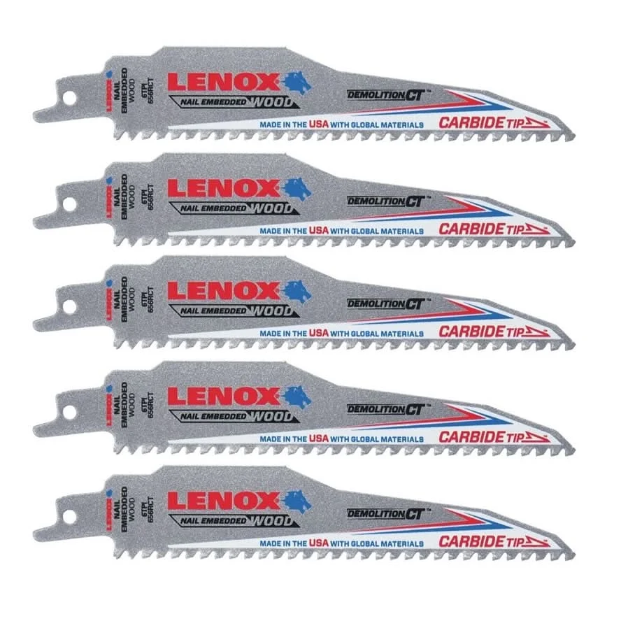 Lenox 1832162 Demolition Carbide Tooth Reciprocating Saw Blade, 6-Inch, 6 TPI, 5-Pack