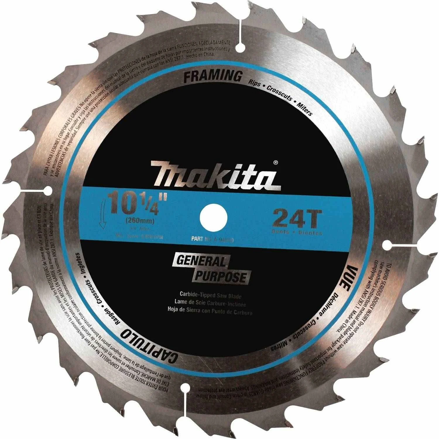 Makita A-94910 10-1/4" 24T Carbide-Tipped Circular Saw Blade, Framing