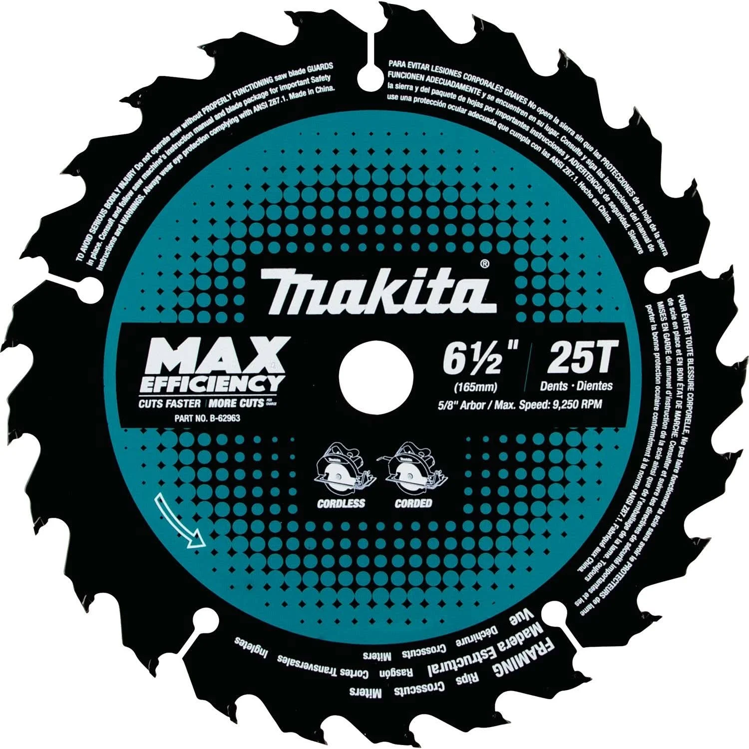 Makita B-62963 6-1/2" 25T Carbide-Tipped Max Efficiency Circular Saw Blade, Framing