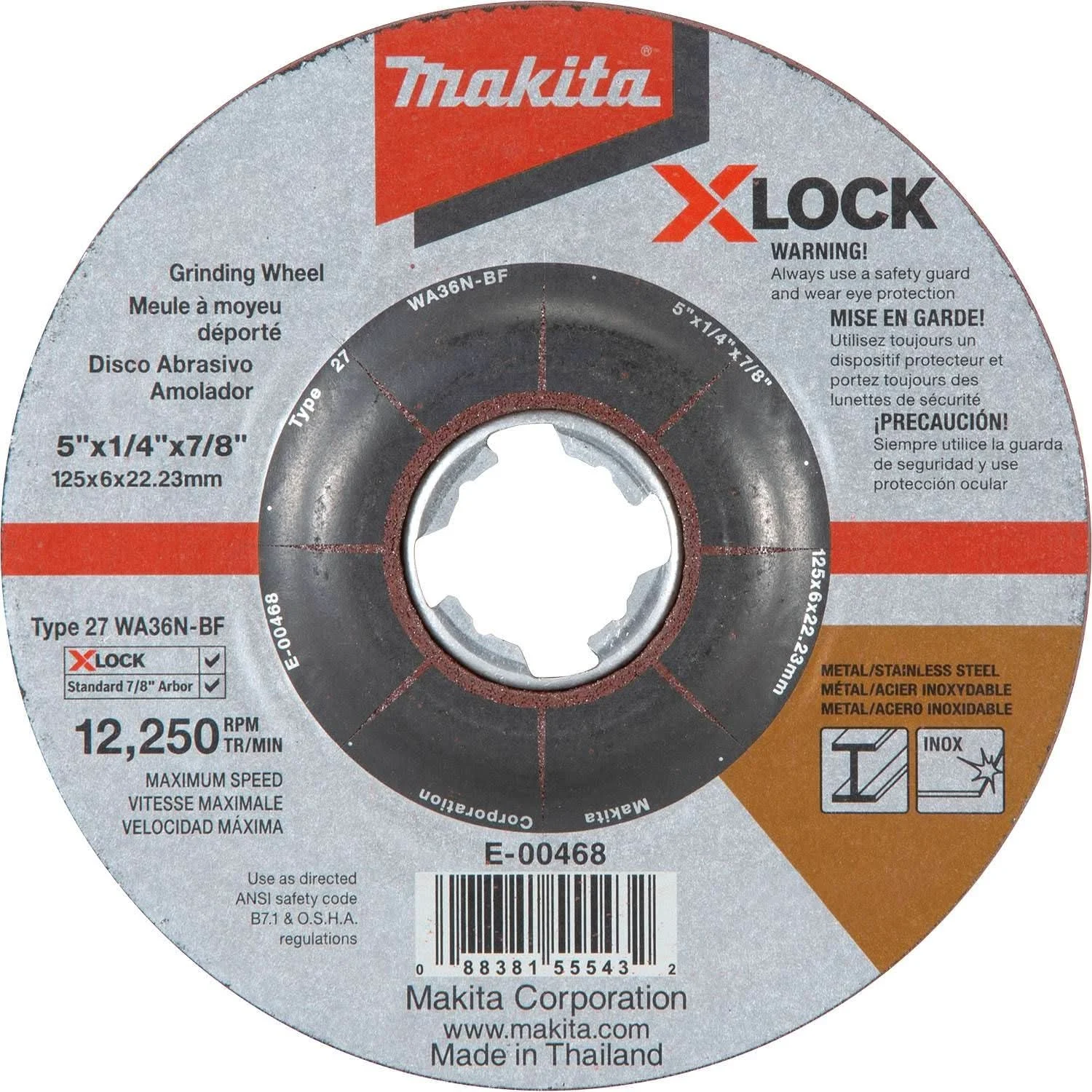 Makita E-00468 X-LOCK 5" x 1/4" x 7/8" Type 27 General Purpose 36 Grit Abrasive Grinding Wheel for Metal & Stainless Steel Grinding