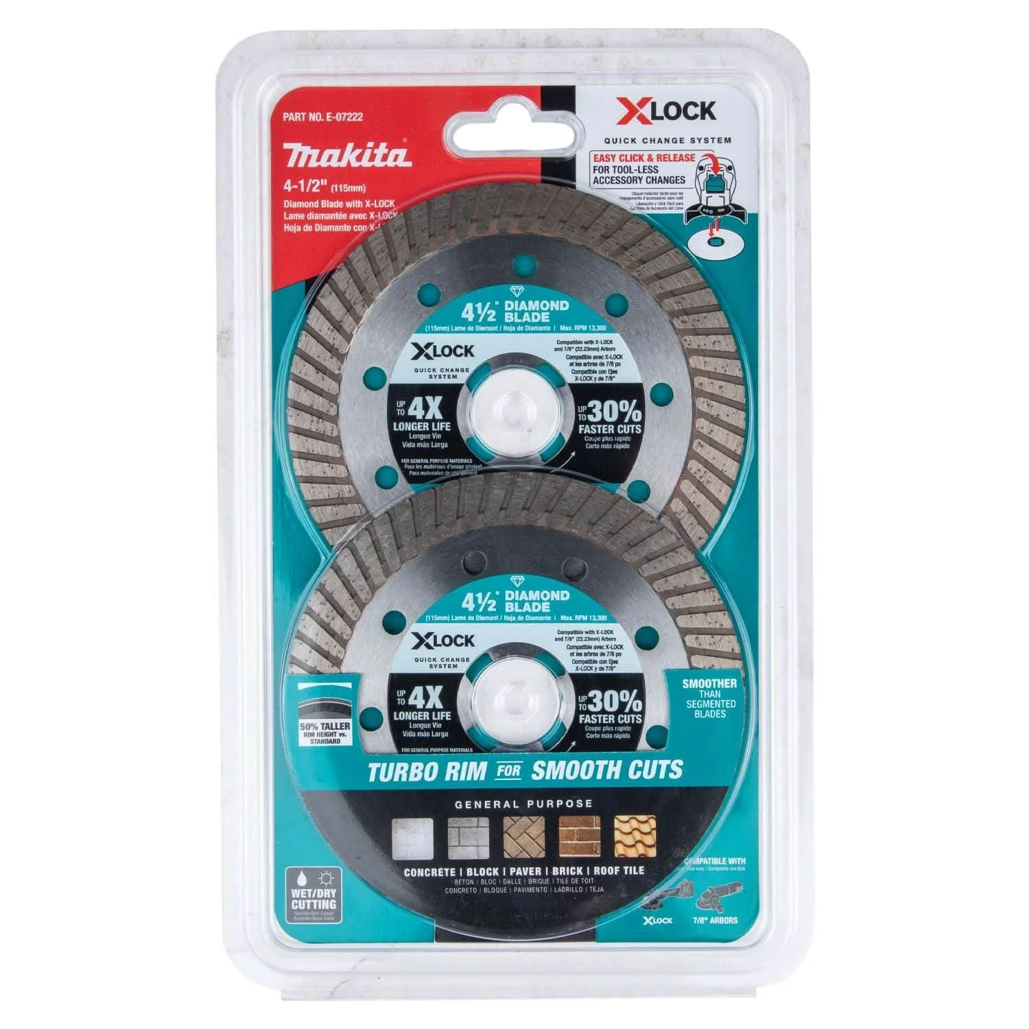 Makita E-07222 X-LOCK 4-1/2" Turbo Rim Diamond Blade for Masonry Cutting, 2/pk