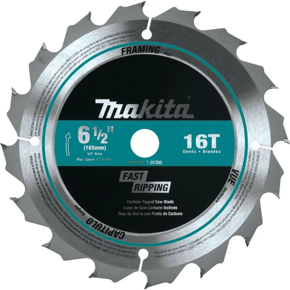 Makita T-01395 6-1/2" 16T Carbide-Tipped Circular Saw Blade, Framing