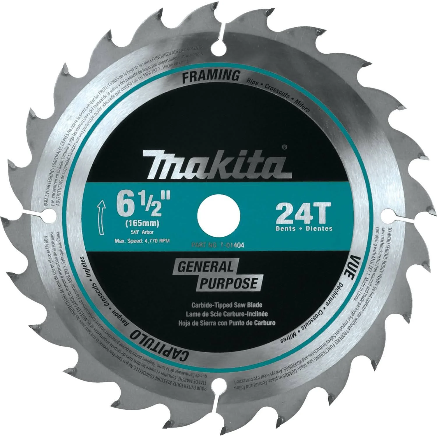 Makita T-01404 6-1/2" 24T Carbide-Tipped Circular Saw Blade, Framing