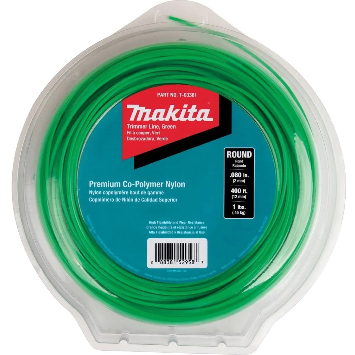 Makita T-03361 Round Trimmer Line, 0.080"Â, Green, 400", 1 lbs.