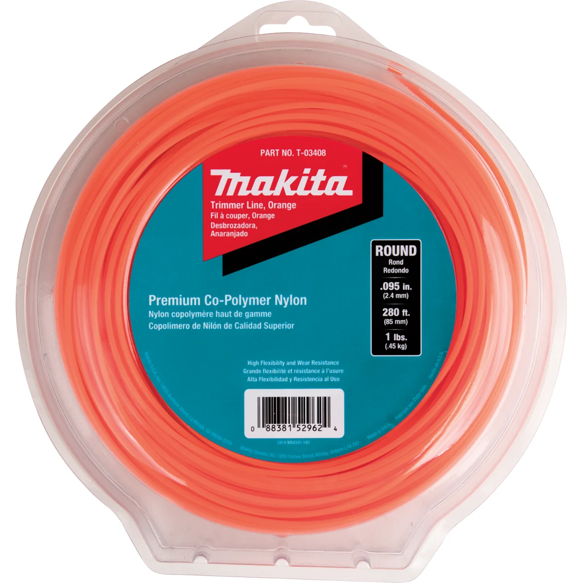 Makita T-03408 Round Trimmer Line, 0.095"Â, Orange, 280", 1 lbs.