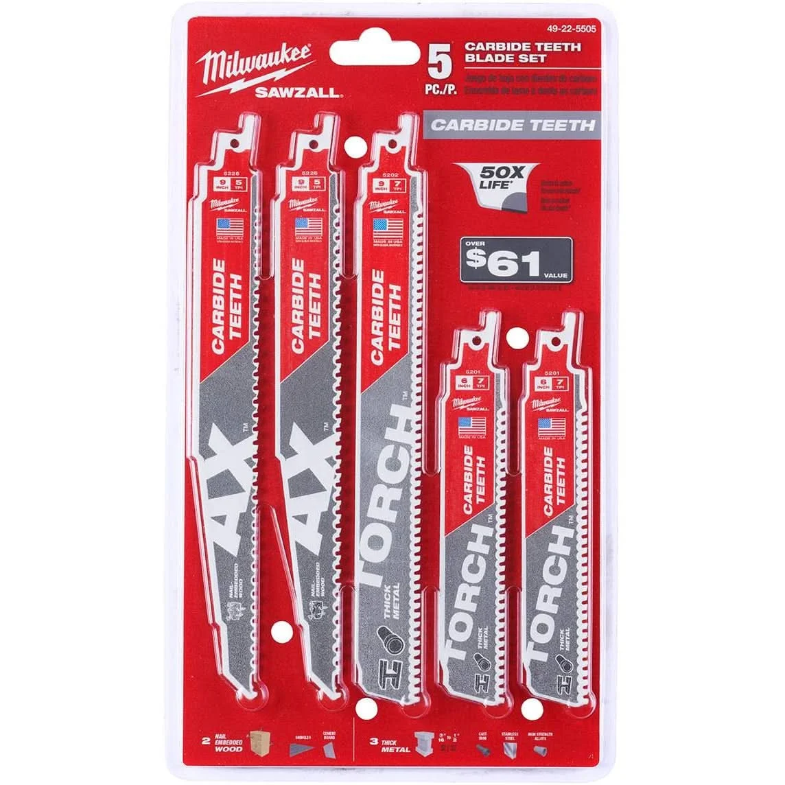 Milwaukee 49-22-5505 5-Piece Carbide Teeth SAWZALL Recip Blade Set