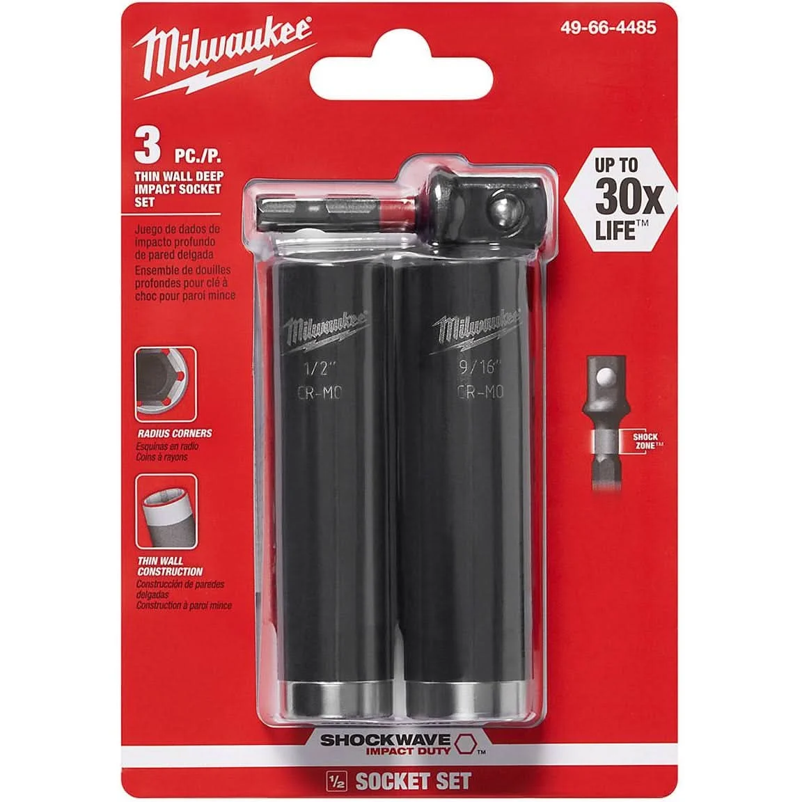 Milwaukee 49-66-4485 Shockwave 1/2-Inch Dr 3-PieceImpact Socket Set