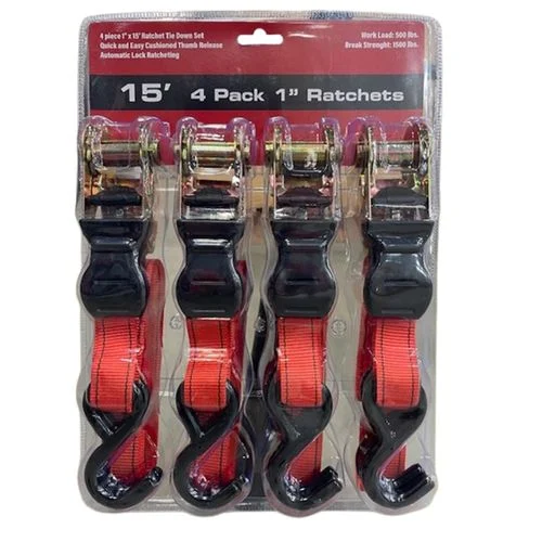 Ratchet Tie Down Set, 4 Pack, 15 Ft. x 1 In.