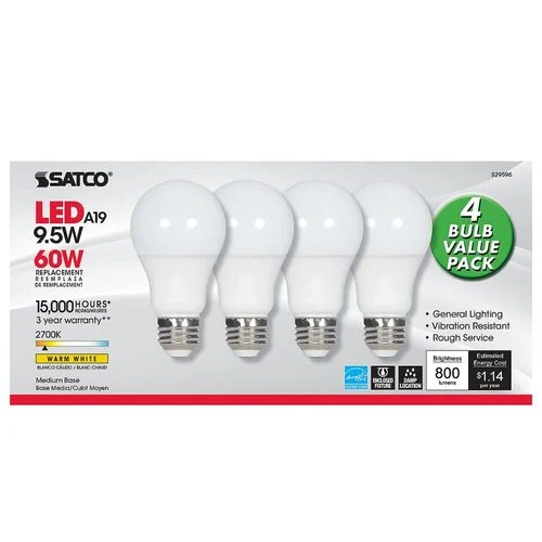 Satco A19 LED Bulb, Equal to 60W-2700K, Warm White
