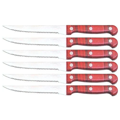 Stainless Steel Steak Knives Set, Red Plaid Handle, 6 Piece