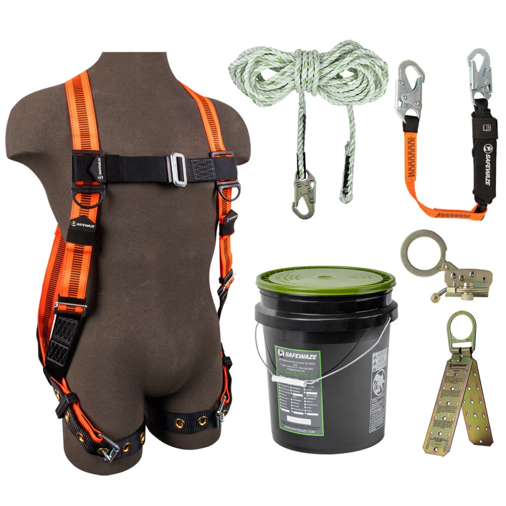V-Line Bucket Roof Kit: FS99185-E Harness, FS700-50 VLL, FS1120 Grab, FS88560-E3 Lanyard, FS870 Anchor, FS902 Trauma