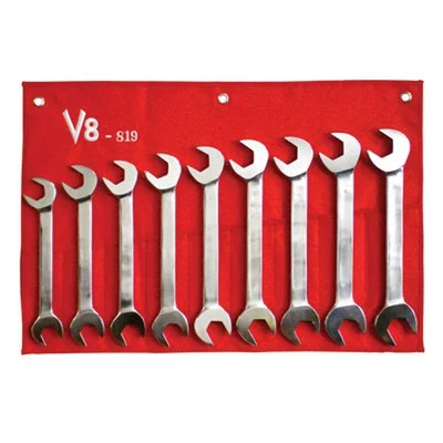 V8 Tools 819 Angle Head Wrench Set, 9 Piece, 24Mm-32Mm, 30 And 60 Degree Heads, Fully Polished, In Canvas Pouch