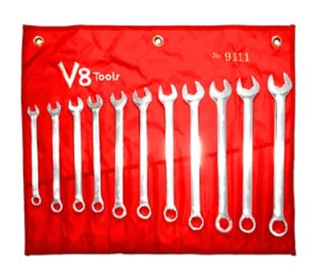 V8 Tools 9111 Combination Wrench Set, 11 Piece, 10Mm To 20Mm, Long Pattern, Fully Polished, In Canvas Pouch