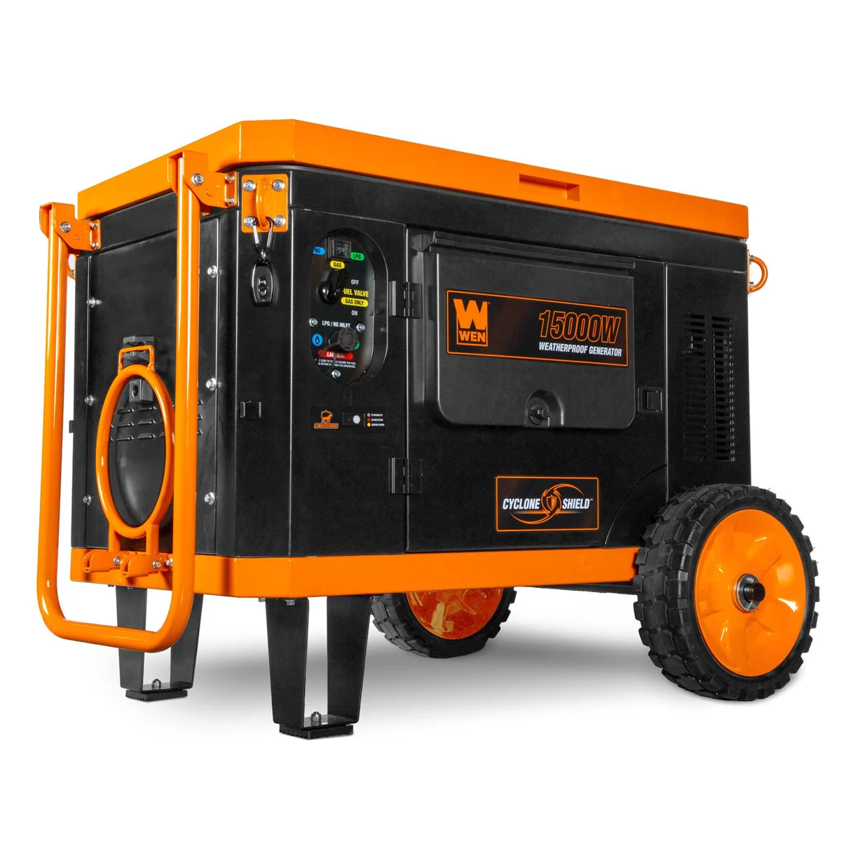 WEN TF1500XR 15,000-Watt Weatherproof Portable Generator for Home Backup, 120V/240V, Tri-Fuel with Cyclone Shield Weatherproofing Technology, 550cc Engine, Remote Electric Start, Wheel Kit, and CO Watchdog, Gas, Propane, and Natural Gas Powered