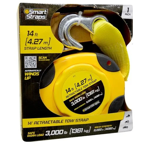 Yellow Retractable Tow Strap, 14 inches, 9000 Pounds